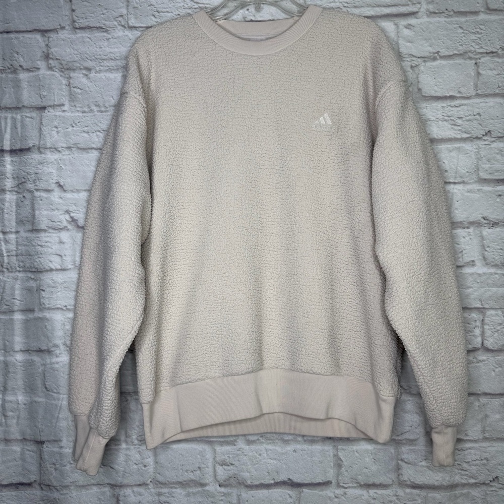 Adidas Men's Cream Sherpa Fleece Crewneck Sweatshirt - Size M
